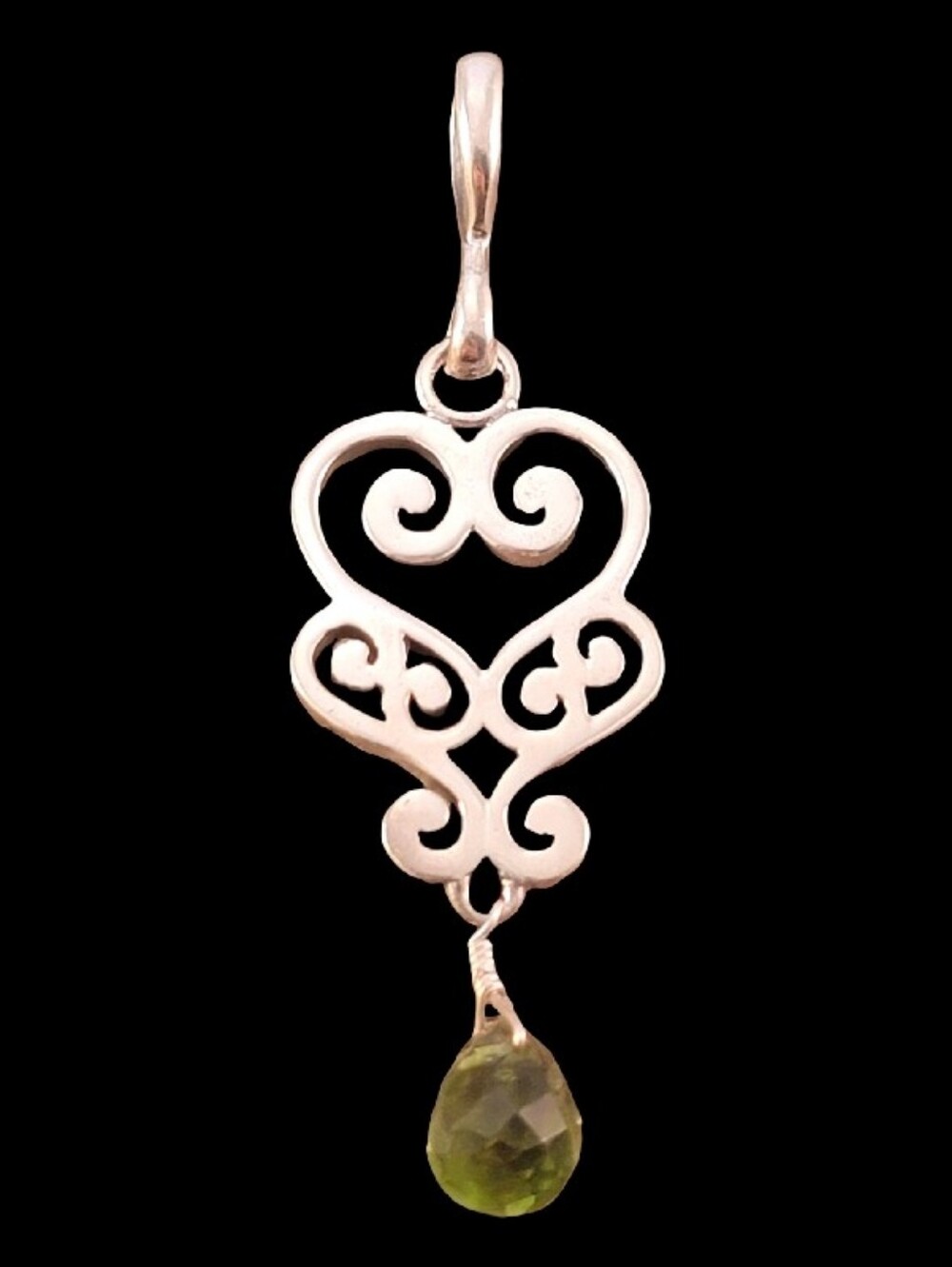 Barse Heart Scroll Swirl Dangle Faceted Peridot Drop Sterling  Pendant -NEW